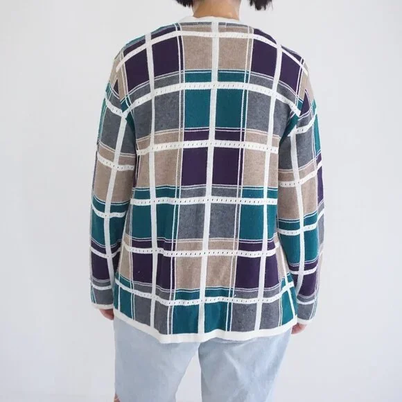 Alfred Dunner Cream Multi Cotton Plaid Knit Button Cardigan Preppy M - Picture 2 of 10